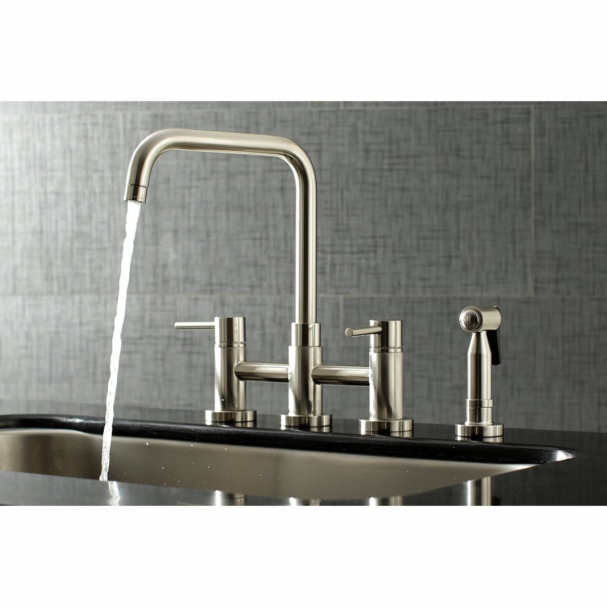 Concord Two Handle Bridge Kitchen Faucet W/ Brass Side Sprayer, Brass & Zinc Alloy Construction - BUILDMYPLACE