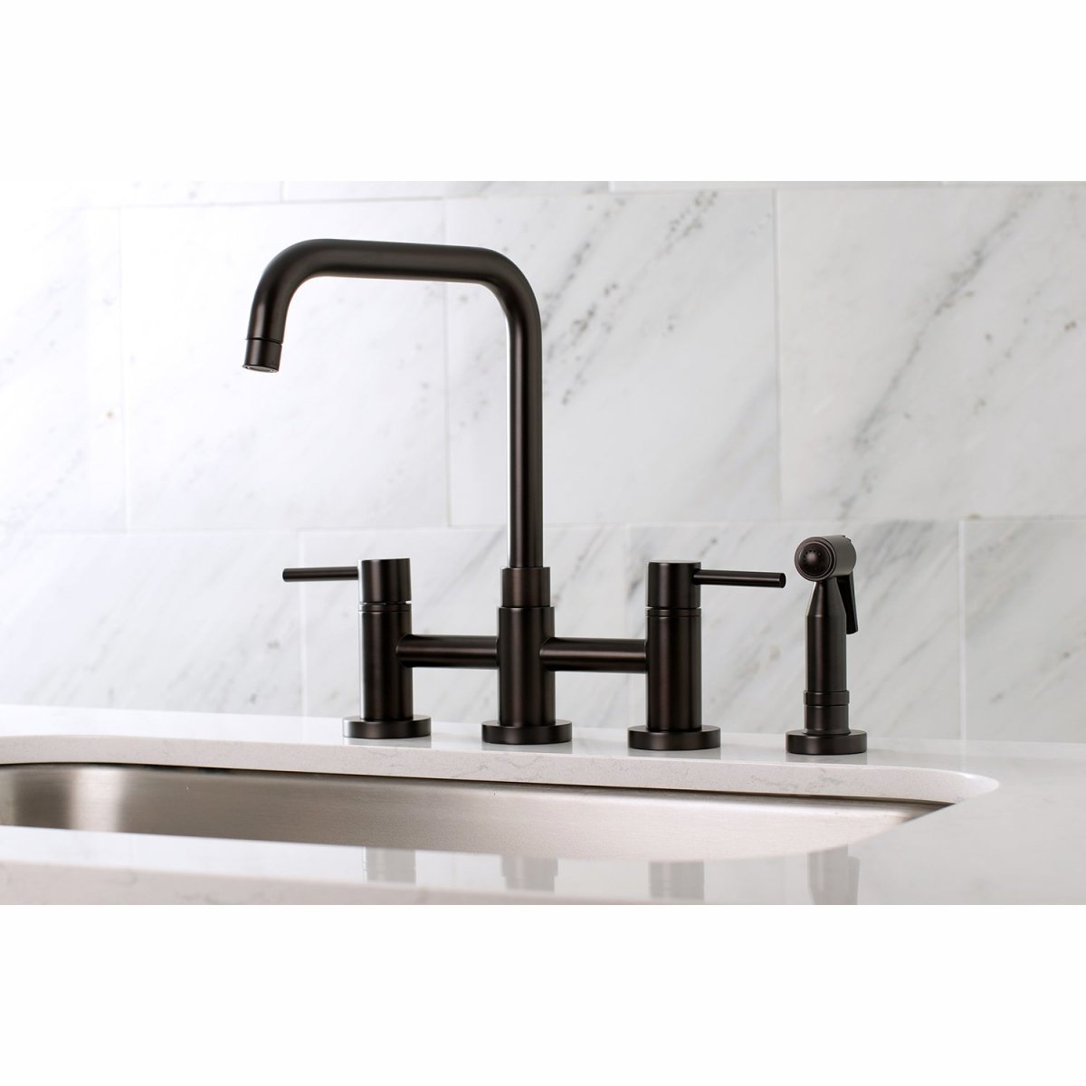 Concord Two Handle Bridge Kitchen Faucet W/ Brass Side Sprayer, Brass & Zinc Alloy Construction - BUILDMYPLACE