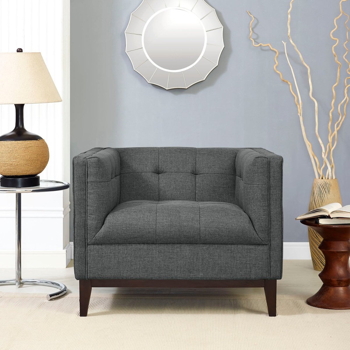 Contemporary Modern Serve Upholstered Fabric Armchair - Button Tufted Accent Chair - BUILDMYPLACE