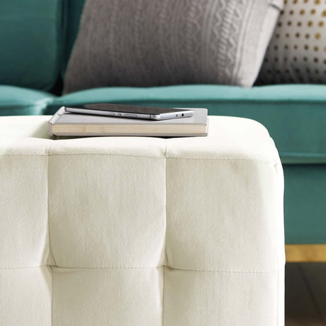 Contour Tufted Square Ottoman - 15.5 Inch - Upholstered Performance Velvet - Ivory - BUILDMYPLACE