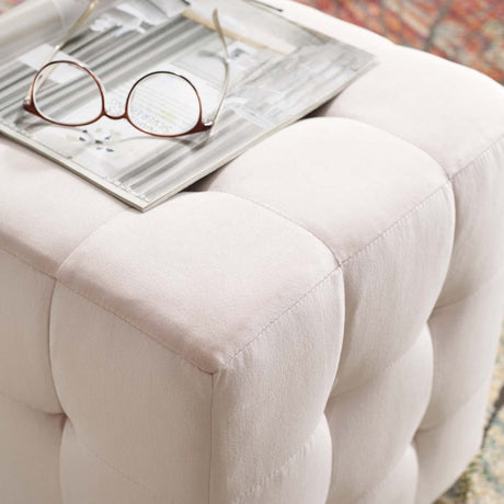 Contour Tufted Square Ottoman - 15.5 Inch - Upholstered Performance Velvet - Ivory - BUILDMYPLACE