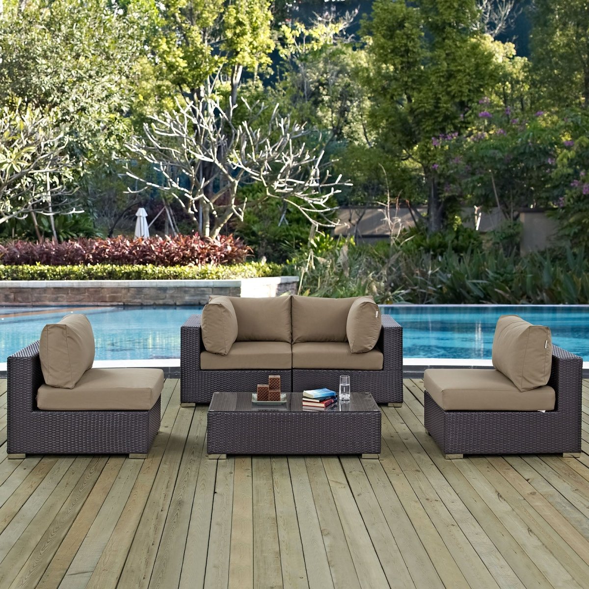 Convene 5 Piece Outdoor Patio Sectional W/ Two Armless Chair Set - BUILDMYPLACE