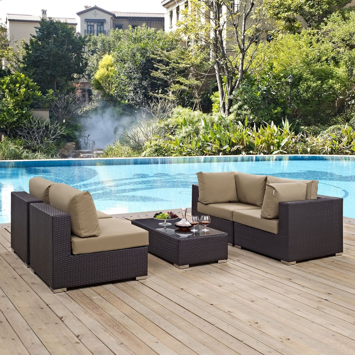 Convene 5 Piece Outdoor Patio Sectional W/ Two Armless Chair Set - BUILDMYPLACE