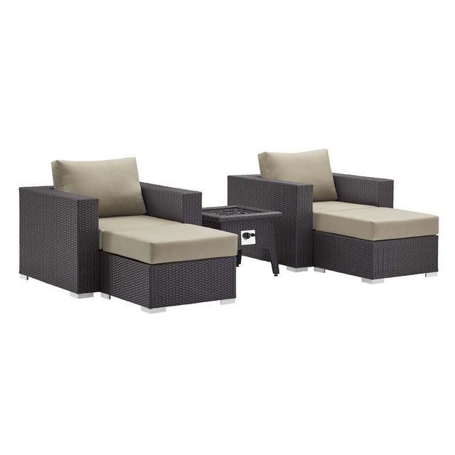 Convene 5 Piece Set Outdoor Patio W/ Fire Pit & Ottoman - Espresso Beige - BUILDMYPLACE