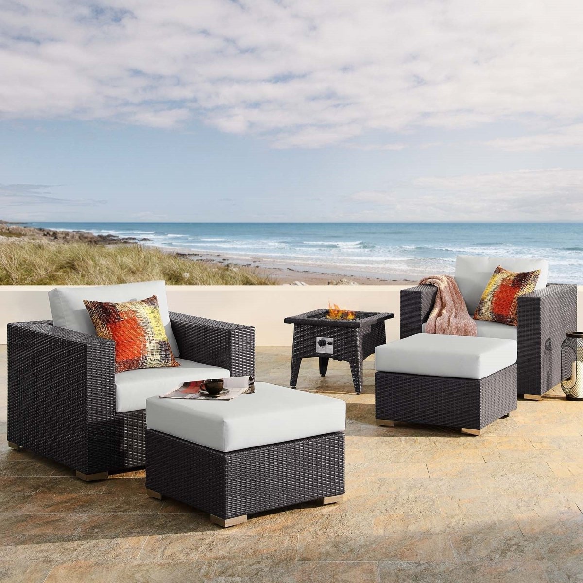 Convene 5 Piece Set Outdoor Patio W/ Fire Pit & Ottoman - Espresso Beige - BUILDMYPLACE