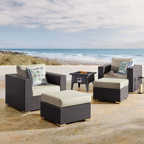 Convene 5 Piece Set Outdoor Patio W/ Fire Pit & Ottoman - Espresso Beige - BUILDMYPLACE