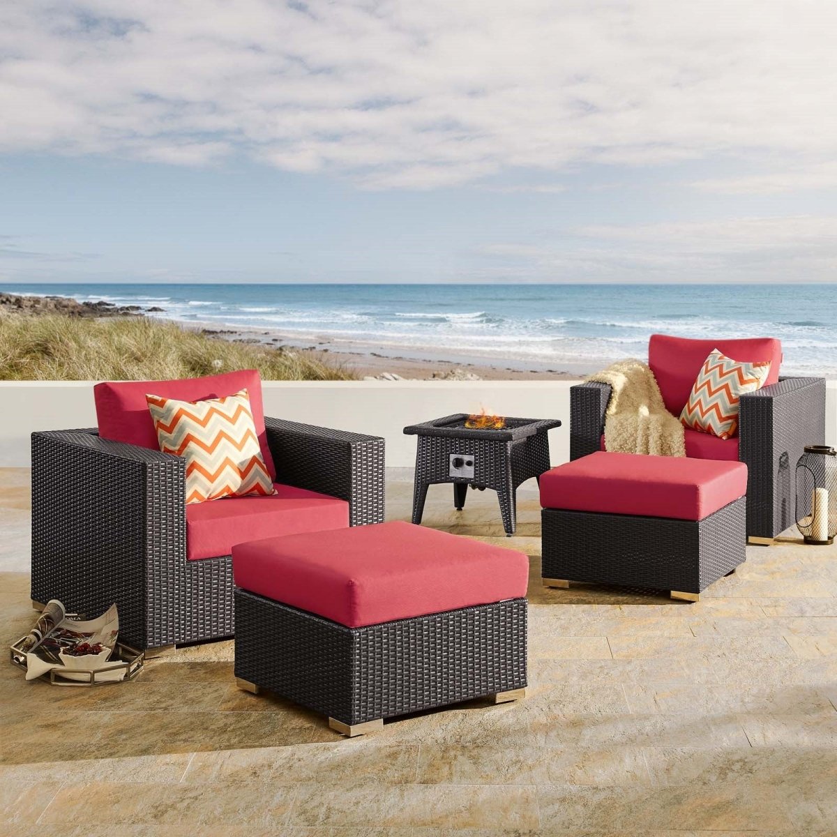 Convene 5 Piece Set Outdoor Patio W/ Fire Pit & Ottoman - Espresso Beige - BUILDMYPLACE