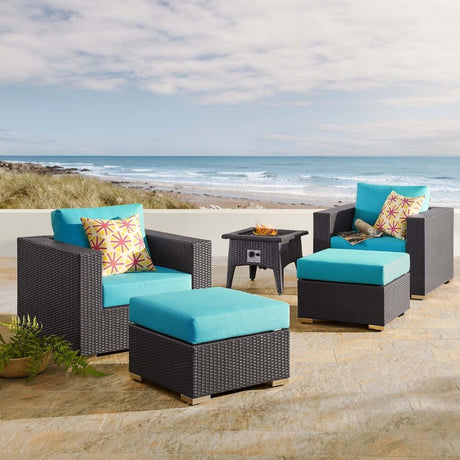 Convene 5 Piece Set Outdoor Patio W/ Fire Pit & Ottoman - Espresso Beige - BUILDMYPLACE