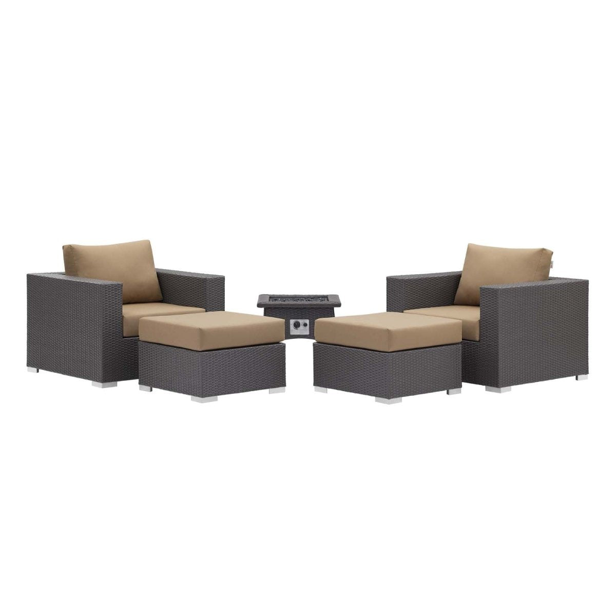 Convene 5 Piece Set Outdoor Patio W/ Fire Pit & Ottoman - Espresso Beige - BUILDMYPLACE