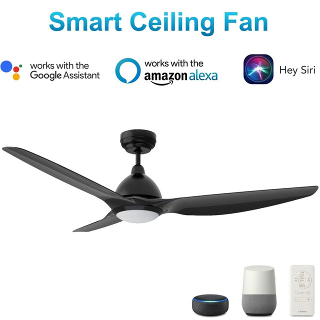 Cresta 52" In. Black/Black 3 Blade Smart Ceiling Fan with Dimmable LED Light Kit Works with Remote Control, Wi - Fi apps and Voice control via Google Assistant/Alexa/Siri - BUILDMYPLACE