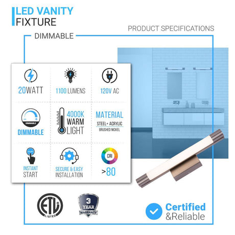 Cylinder Shape Integrated LED Bath Bar Light, 18.5 Inch/27.5 Inch, 4000K (Cool White), Dimmable, ETL Listed, Bathroom Vanity Lighting - BUILDMYPLACE