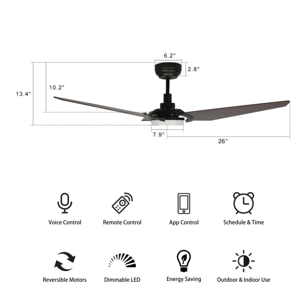 Trailblazer Black/Dark Wood 3 Blade Smart Ceiling Fan with Dimmable LED Light Kit Works with Remote Control, Wi-Fi apps and Voice control via Google Assistant/Alexa/Siri