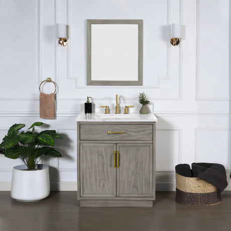 Denton 30 In. Freestanding Solid Wood Bathroom Vanity With Calacatta Quartz Sink Top with 4 In. Backsplash in Nature Elm Finish - BUILDMYPLACE