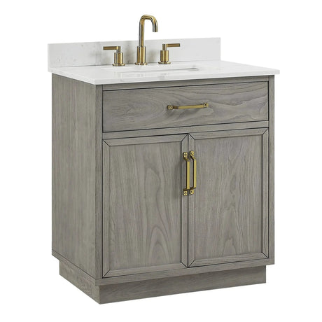 Denton 30 In. Freestanding Solid Wood Bathroom Vanity With Calacatta Quartz Sink Top with 4 In. Backsplash in Nature Elm Finish - BUILDMYPLACE