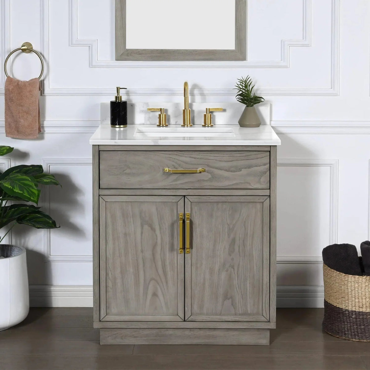 Denton 30 In. Freestanding Solid Wood Bathroom Vanity With Calacatta Quartz Sink Top with 4 In. Backsplash in Nature Elm Finish - BUILDMYPLACE