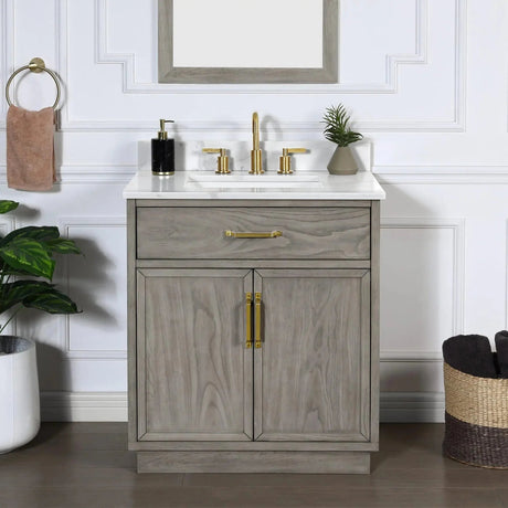 Denton 30 In. Freestanding Solid Wood Bathroom Vanity With Calacatta Quartz Sink Top with 4 In. Backsplash in Nature Elm Finish - BUILDMYPLACE