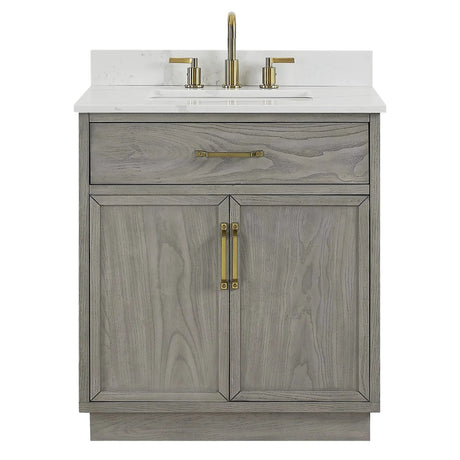 Denton 30 In. Freestanding Solid Wood Bathroom Vanity With Calacatta Quartz Sink Top with 4 In. Backsplash in Nature Elm Finish - BUILDMYPLACE