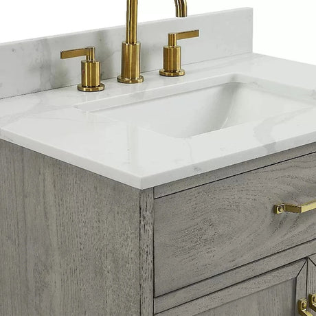 Denton 30 In. Freestanding Solid Wood Bathroom Vanity With Calacatta Quartz Sink Top with 4 In. Backsplash in Nature Elm Finish - BUILDMYPLACE