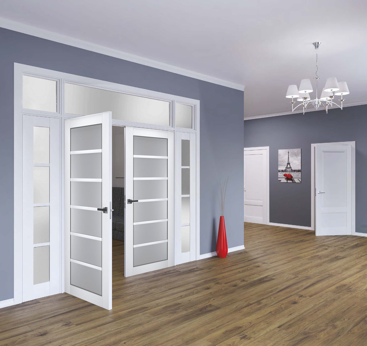 Interior Solid French Double Doors | Veregio 7602 White Silk with Frosted Glass | Wood Solid Panel Frame Trims | Closet Bedroom Sturdy Doors