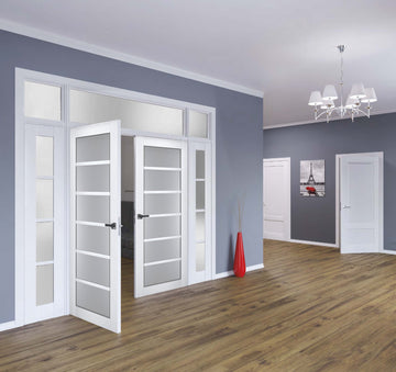 Interior Solid French Double Doors | Veregio 7602 White Silk with Frosted Glass | Wood Solid Panel Frame Trims | Closet Bedroom Sturdy Doors