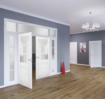 Interior Solid French Double Doors | Veregio 7339 White Silk with Frosted Glass | Wood Solid Panel Frame Trims | Closet Bedroom Sturdy Doors
