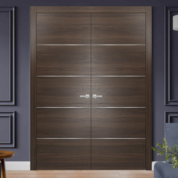 French Double Interior Doors with Hardware | Planum 0020 Chocolate Ash | Panel Frame Trims | Bathroom Bedroom Interior Sturdy Door