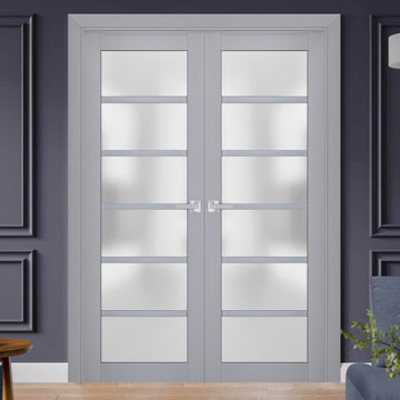 Interior Solid French Double Doors | Veregio 7602 Matte Grey with Frosted Glass | Wood Solid Panel Frame Trims | Closet Bedroom Sturdy Doors