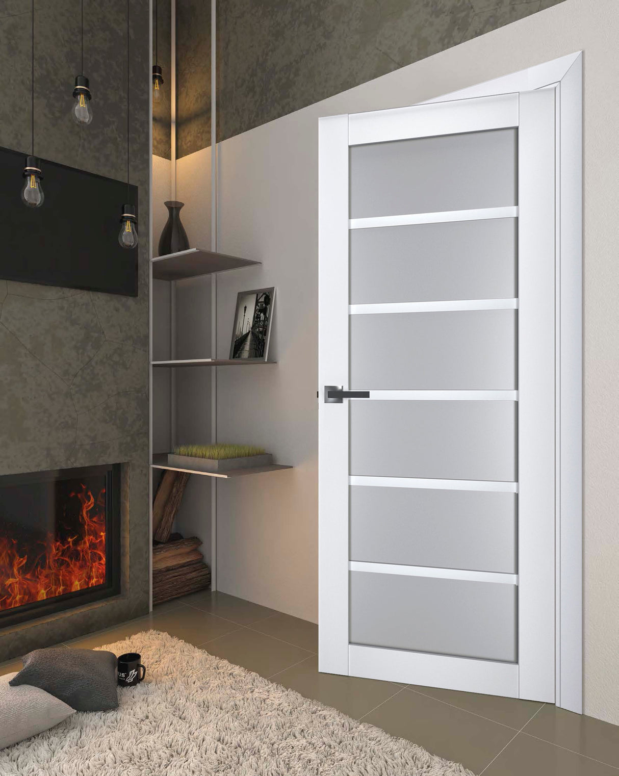 Interior Solid French Door | Veregio 7602 White Silk with Frosted Glass | Single Regular Panel Frame Trims Handle | Bathroom Bedroom Sturdy Doors