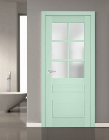 Interior Solid French Door | Veregio 7339 Oliva with Frosted Glass | Single Regular Panel Frame Trims Handle | Bathroom Bedroom Sturdy Doors