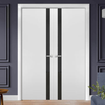 Solid French Double Doors | Planum 0040 White Silk with Black Glass | Wood Solid Panel Frame Trims | Closet Bedroom Sturdy Doors