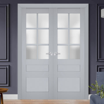 Interior Solid French Double Doors | Veregio 7339 Matte Grey with Frosted Glass | Wood Solid Panel Frame Trims | Closet Bedroom Sturdy Doors