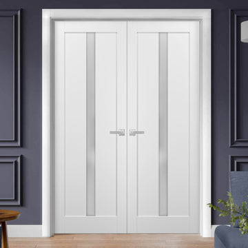 French Double Panel Lite Doors with Hardware | Quadro 4112 White Silk with Frosted Glass | Panel Frame Trims | Bathroom Bedroom Interior Sturdy Door