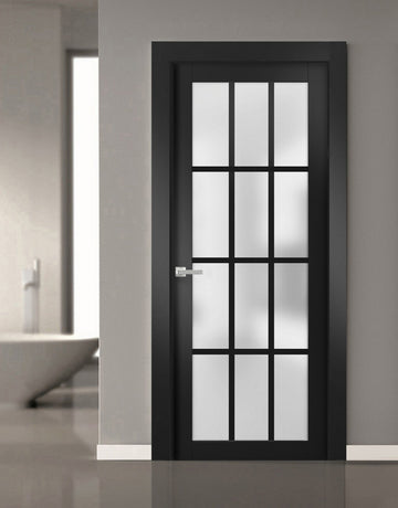 Solid French Door Frosted Glass 12 Lites | Felicia 3312 Matte Black | Single Regural Panel Frame Trims Handle | Bathroom Bedroom Sturdy Doors