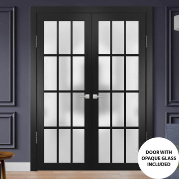 Solid French Double Frosted Glass Doors 12 Lites | Felicia 3312 Matte Black | Single Regural Panel Frame Trims | Bathroom Bedroom Sturdy Doors