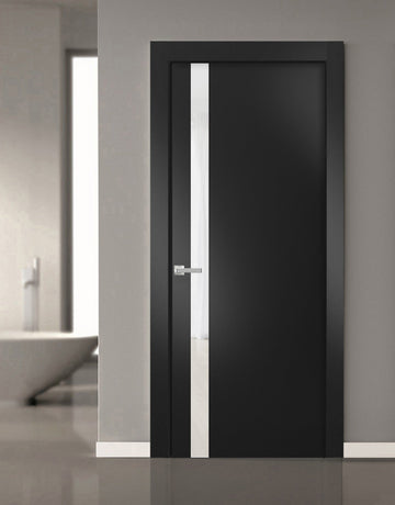 Solid Interior French | Planum 0040 Matte Black with White Glass | Single Regular Panel Frame Trims Handle | Bathroom Bedroom Sturdy Doors