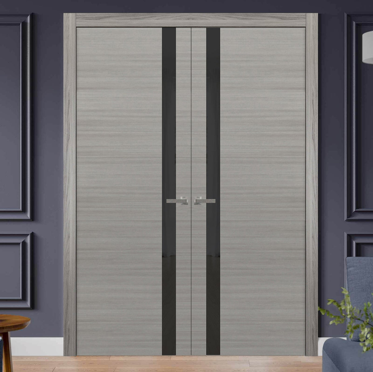 Solid French Double Doors | Planum 0040 Grey Ash with Black Glass | Wood Solid Panel Frame Trims | Closet Bedroom Sturdy Doors