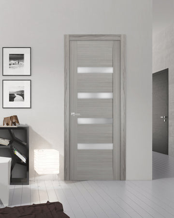 Solid Interior French | Quadro 4113 Grey Ash with Frosted Glass | Single Regular Panel Frame Trims Handle | Bathroom Bedroom Sturdy Doors