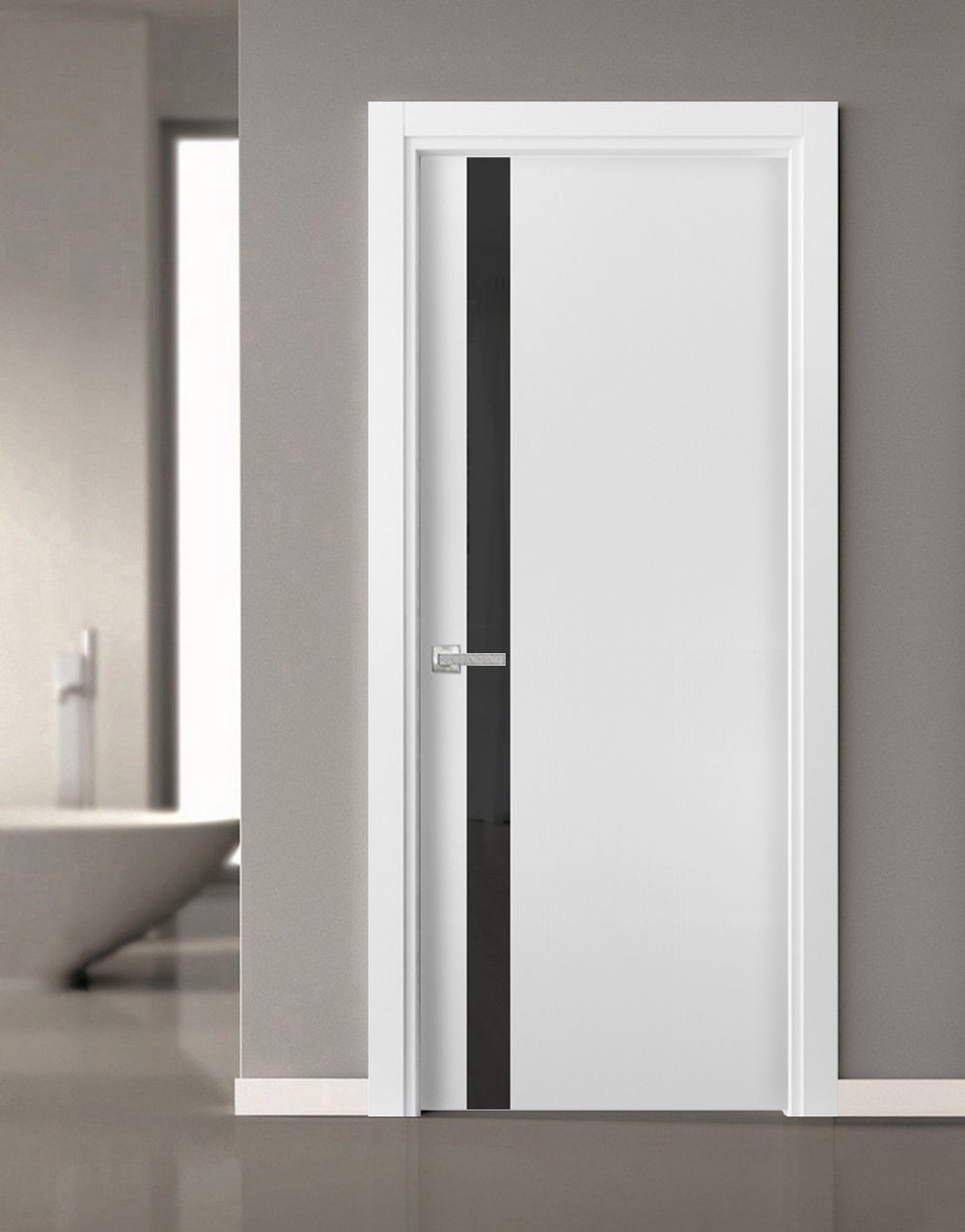 Solid Interior French | Planum 0040 White Silk with Black Glass | Single Regular Panel Frame Trims Handle | Bathroom Bedroom Sturdy Doors