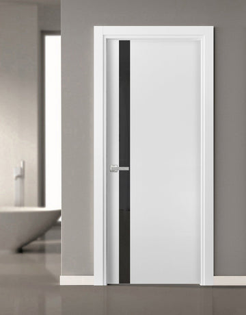 Solid Interior French | Planum 0040 White Silk with Black Glass | Single Regular Panel Frame Trims Handle | Bathroom Bedroom Sturdy Doors