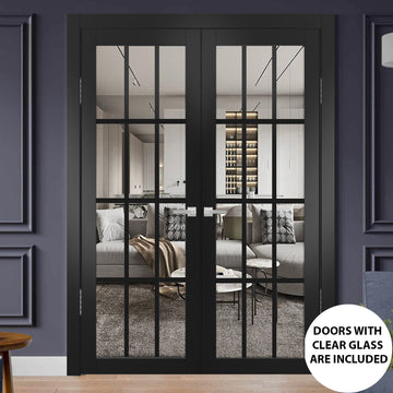 Solid French Double Doors | Felicia 3355 Matte Black with Clear Glass | Wood Solid Panel Frame Trims | Closet Bedroom Sturdy Doors