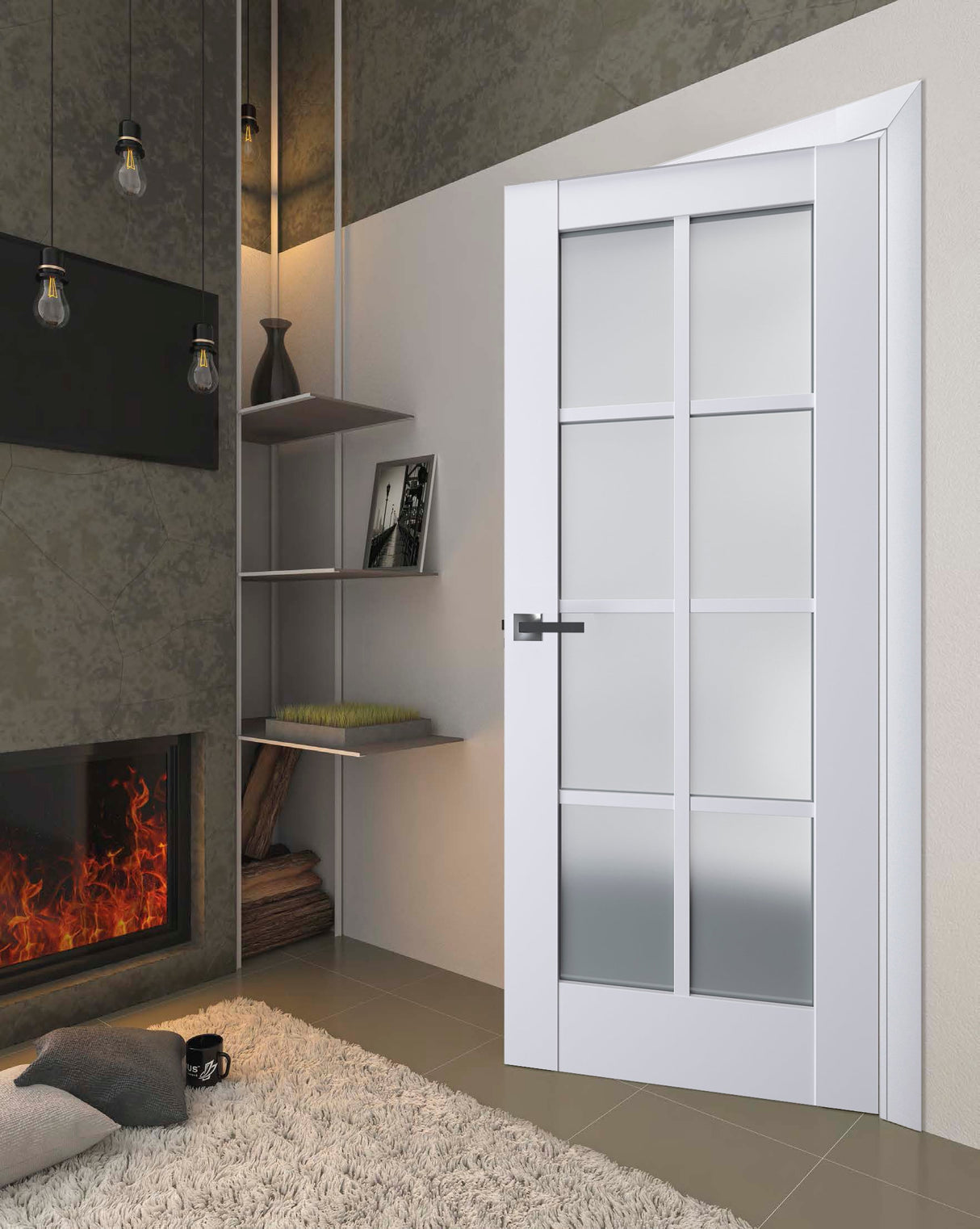 Interior Solid French Door | Veregio 7412 White Silk with Frosted Glass | Single Regular Panel Frame Trims Handle | Bathroom Bedroom Sturdy Doors