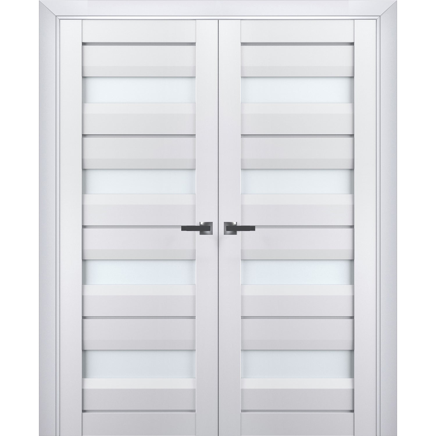 Interior Solid French Double Doors | Veregio 7455 White Silk with Frosted Glass | Wood Solid Panel Frame Trims | Closet Bedroom Sturdy Doors