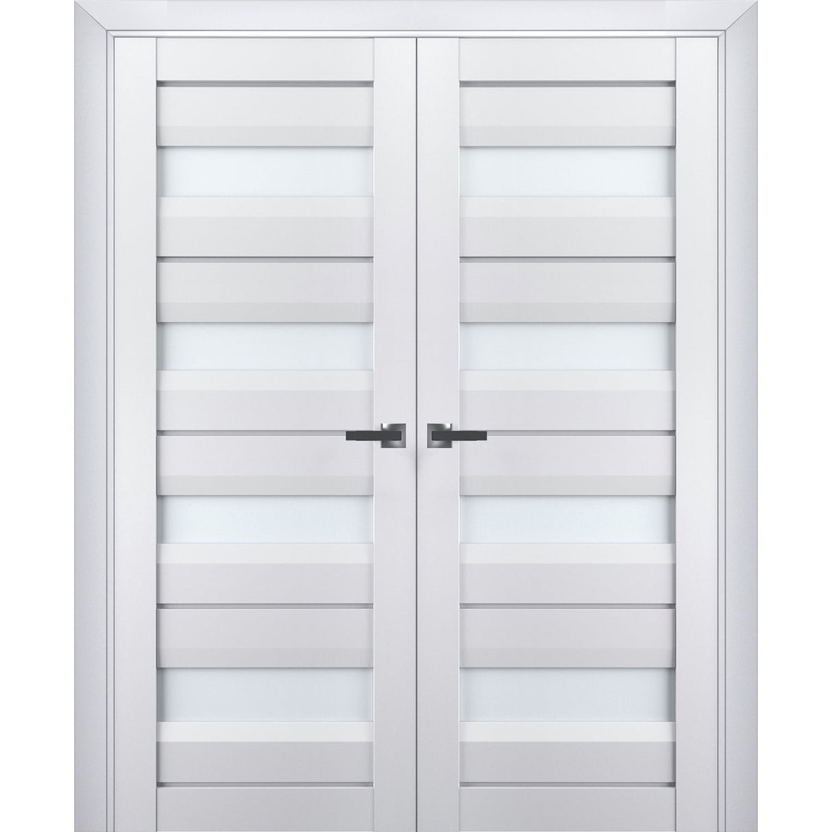 Interior Solid French Double Doors | Veregio 7455 White Silk with Frosted Glass | Wood Solid Panel Frame Trims | Closet Bedroom Sturdy Doors