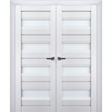 Interior Solid French Double Doors | Veregio 7455 White Silk with Frosted Glass | Wood Solid Panel Frame Trims | Closet Bedroom Sturdy Doors