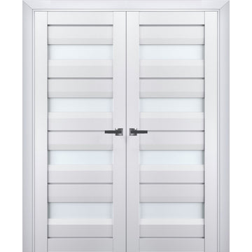 Interior Solid French Double Doors | Veregio 7455 White Silk with Frosted Glass | Wood Solid Panel Frame Trims | Closet Bedroom Sturdy Doors