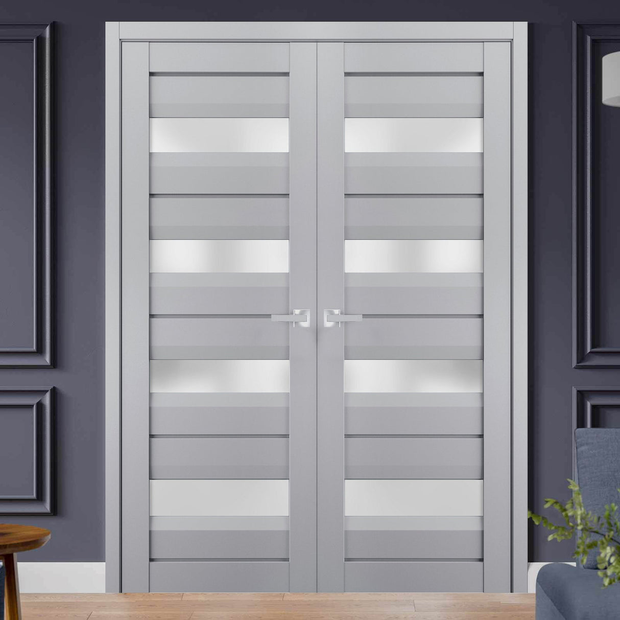 Interior Solid French Double Doors | Veregio 7455 Matte Grey with Frosted Glass | Wood Solid Panel Frame Trims | Closet Bedroom Sturdy Doors