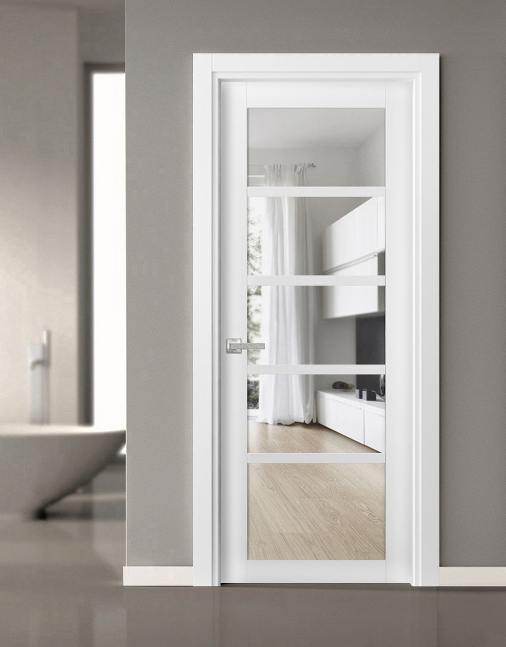 Solid Interior French | Quadro 4522 White Silk with Clear Glass | Single Regular Panel Frame Trims Handle | Bathroom Bedroom Sturdy Doors