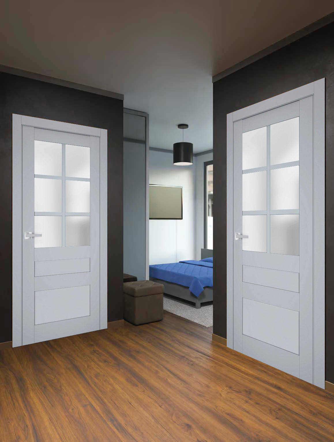 Interior Solid French Door | Veregio 7339 Matte Grey with Frosted Glass | Single Regular Panel Frame Trims Handle | Bathroom Bedroom Sturdy Doors