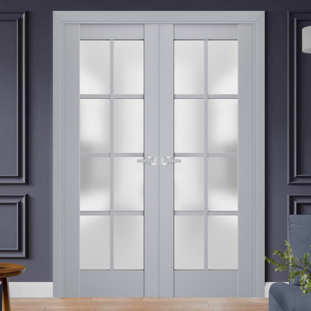 Interior Solid French Double Doors | Veregio 7412 Matte Grey with Frosted Glass | Wood Solid Panel Frame Trims | Closet Bedroom Sturdy Doors