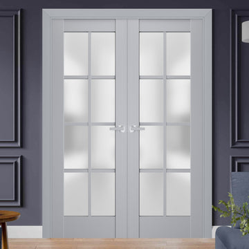 Interior Solid French Double Doors | Veregio 7412 Matte Grey with Frosted Glass | Wood Solid Panel Frame Trims | Closet Bedroom Sturdy Doors